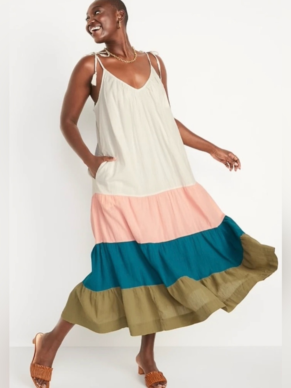 NWOT Old Navy Womens L Color Block Tiered Maxi Dress Pink Teal Olive Camisole